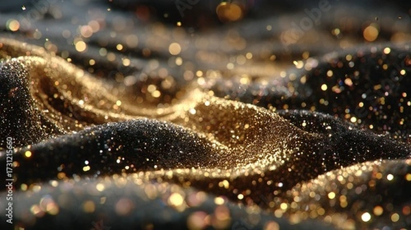 Fototapeta Abstract wavy texture with gold sparkles and dark background.