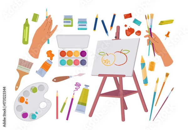 Fototapeta Painting tools set. Stickers with paints, palette, watercolors, brushes, pencils, and markers for drawing. Creativity and hobbies. Flat vector illustration collection