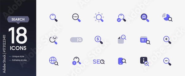 Fototapeta Search set of icons. Colorful signs with magnifying glass, search bar, optimization, internet, and incognito mode. Design elements for app. Flat vector illustration collection
