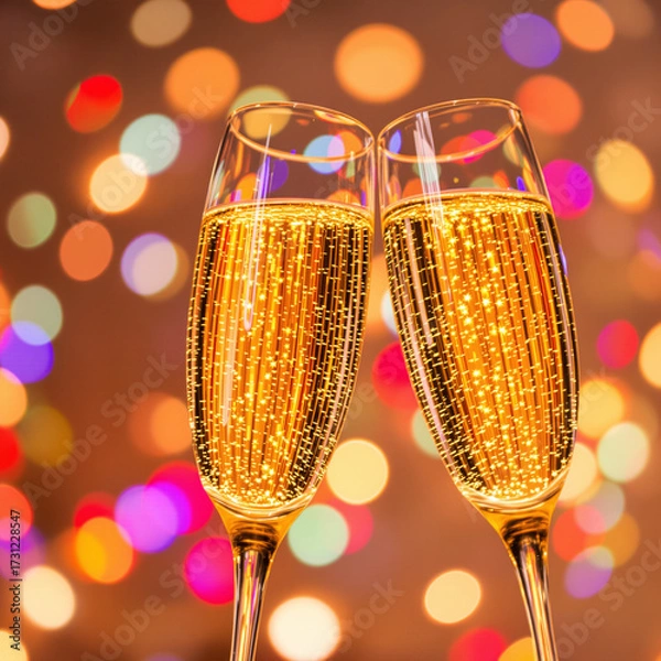 Fototapeta Close-up of two elegant champagne glasses clinking together with golden sparkling wine