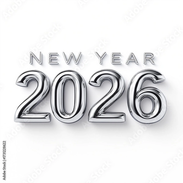 Fototapeta Happy New Year 2026 in sleek silver chrome 3D letters with a polished reflective surface
