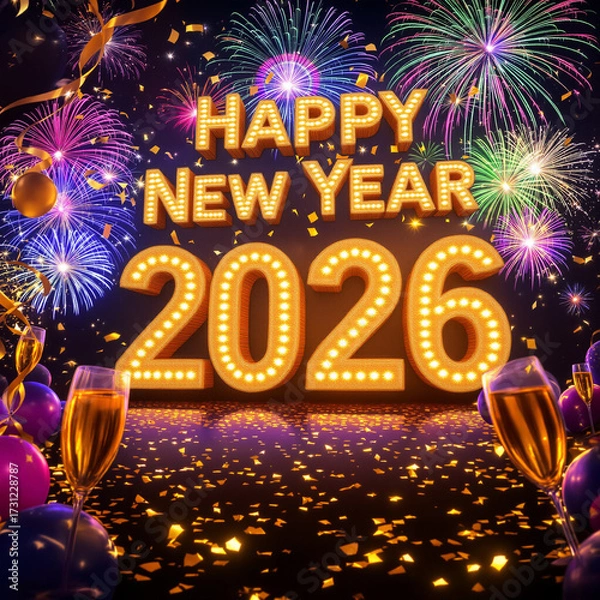 Fototapeta Happy New Year 2026 written in glowing golden letters with giant sparkling 2026 numbers