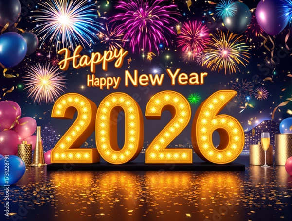 Fototapeta Happy New Year 2026 glowing golden letters with giant sparkling 2026 numbers