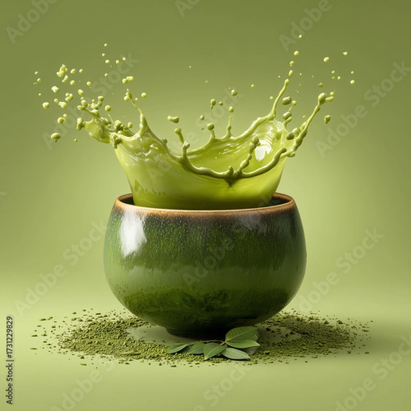 Obraz Matcha drink splash in glossy ceramic bowl