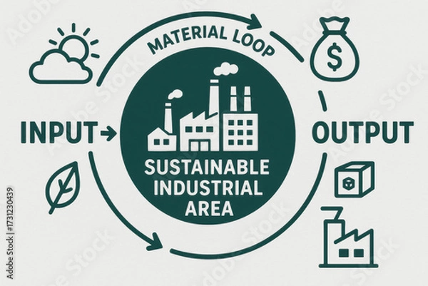 Fototapeta Sustainable industrial area concept with material loop cycle showing input and output process for eco friendly production and resource management