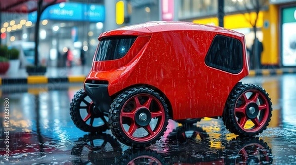 Obraz Red Robot Delivery City Rain.
