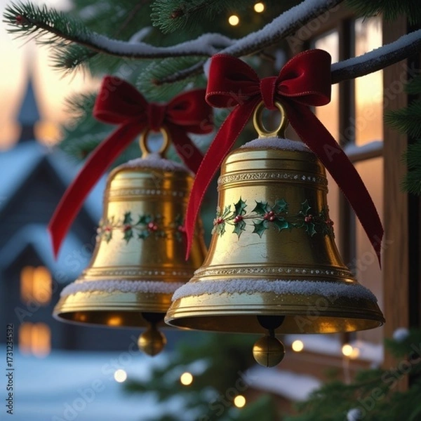 Fototapeta golden christmas bells with red bows hanging on a snowy pine branch