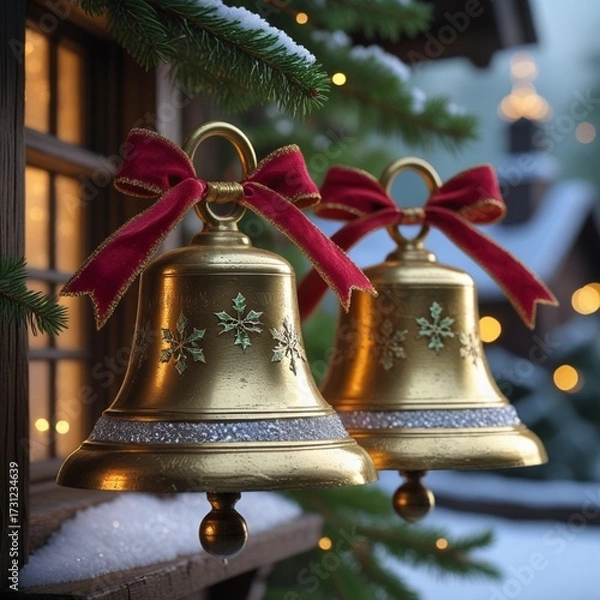 Fototapeta Two golden christmas bells with red bows hanging on a snowy pine branch