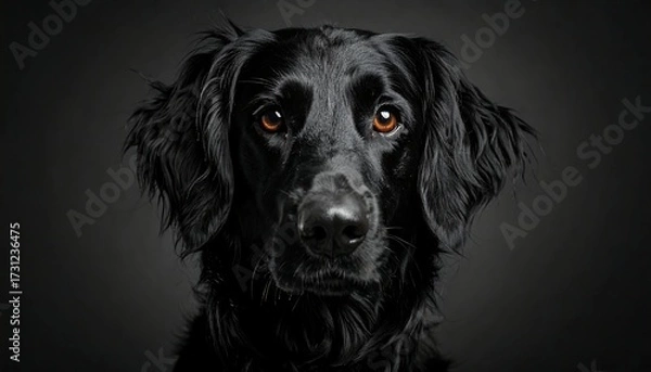 Fototapeta Close-up portrait of a black dog against a dark background
