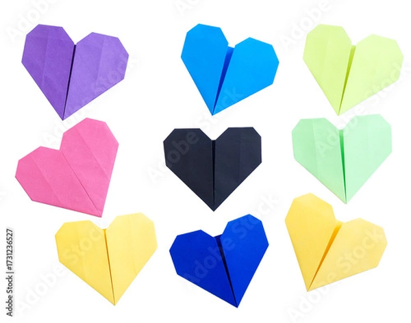 Fototapeta Set collection or collage of heart shaped origami paper in various color isolated on transparent background