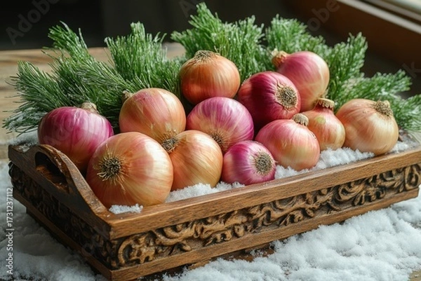 Obraz Wooden box filled with onions and pine.