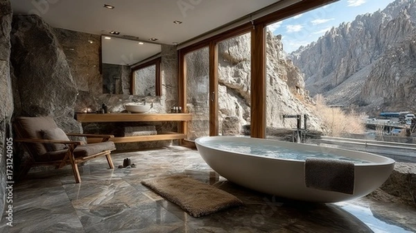 Fototapeta Bathroom with bathtub and mountain view through large window.