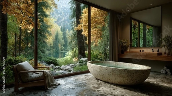 Fototapeta Modern bathroom with large window overlooking forest landscape in autumn.