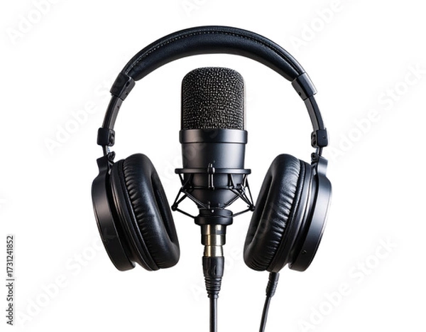 Fototapeta Professional Microphone with Headphones and Sound Waves, Front View, isolated transparent background png
