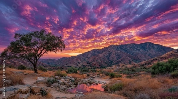 Fototapeta Landscape with tree mountains and a vibrant colorful sunset sky.