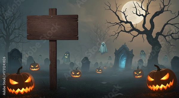 Obraz Spooky Halloween Graveyard Scene with Jack-o'-lanterns