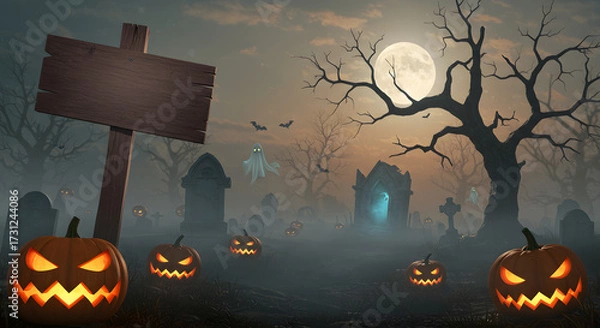Obraz Spooky Halloween Graveyard Scene with Jack-o'-Lanterns