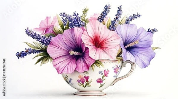 Fototapeta Hibiscus and lavender bouquet arranged in a small floral teacup, drawn in soft colored pencils, vintage theme on a bright white background. Loose, airy composition with visible pencil line texture.