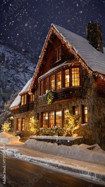 Obraz Snowy building decorated for winter holiday