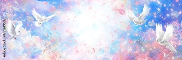 Obraz 太陽光線の周りを飛ぶ白い鳩と美しい天国背景ワイドサイズイラスト