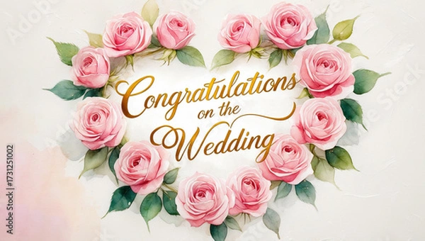 Fototapeta watercolor pink roses arranged in a heart shape around a golden cursive script that reads Congratulations on the Wedding