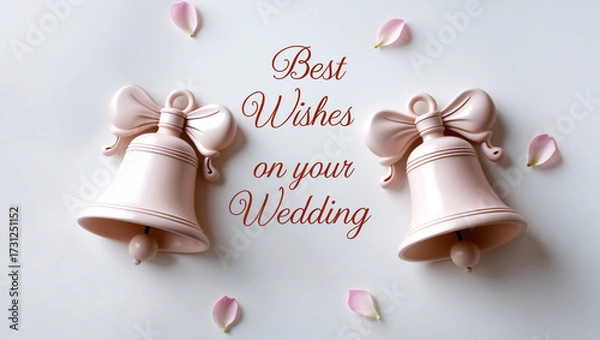 Fototapeta Pink colored wedding bells with a gentle message written in elegant cursive script, Best wishes on your wedding