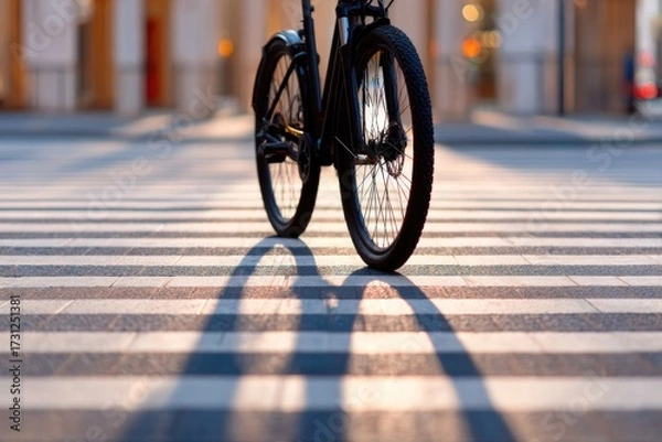 Fototapeta Black bicycle on crosswalk casting long shadows in soft evening