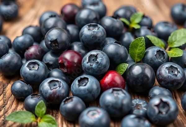 Fototapeta Close-up of vibrant, plump blueberries scattered on a rustic wooden surface, berries, wood