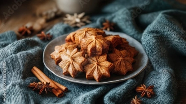 Fototapeta Delicious star-shaped cookies arranged on a plate with cinnamon sticks and star anise, a perfect treat. The image captures a cozy, inviting scene