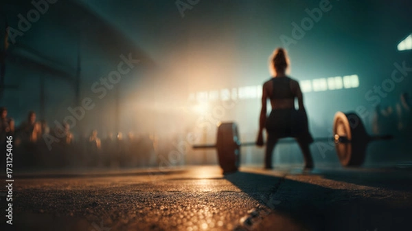 Fototapeta A strong athlete intensely focused on lifting weights during competition, displaying determination and the power of the body