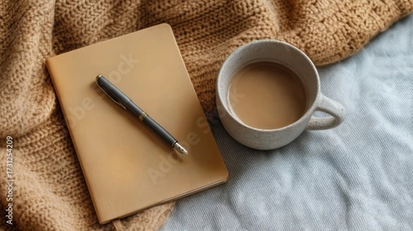 Fototapeta Cozy scene with a notebook, pen and cup of coffee, ideal for creative work