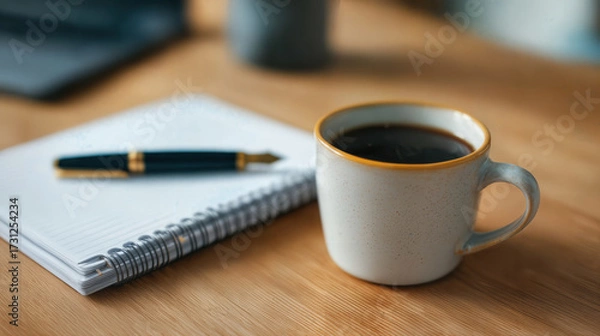 Fototapeta A still-life image of a coffee cup, a notepad, and a pen, suggesting a moment of productivity