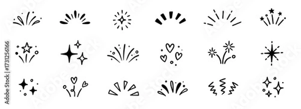 Fototapeta Line icon ray, confetti element set. Starburst line art with hand drawn glitter spark, pop icon shapes and surprise emphasis elements. Decorative sketch style for a sunshine ray vector illustration