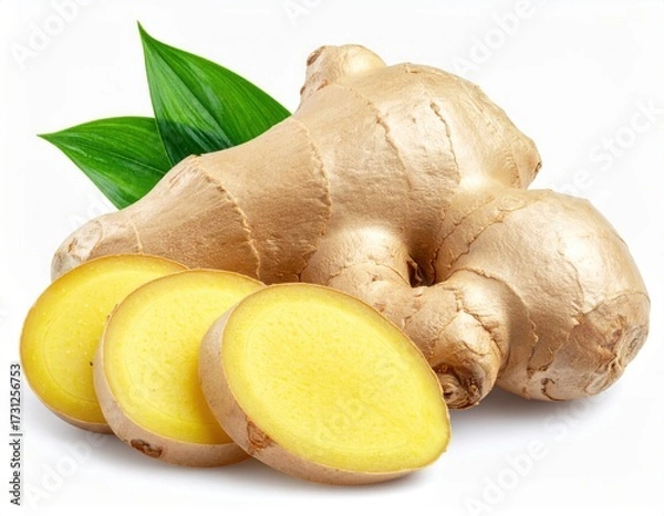 Fototapeta Close up, Fresh ginger rhizome with sliced and green leaves isolated on white background.