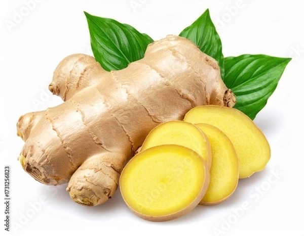 Fototapeta Close up, Fresh ginger rhizome with sliced and green leaves isolated on white background.