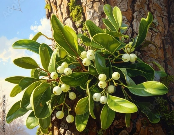 Fototapeta close-up of mistletoe growing on a tree trunk