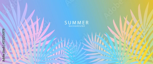 Fototapeta Tropical leaves background. Summer greeting clipart poster set with tropical palm leaves clip art in colorful abstract background collection. exotic Tropical foliage. Design for card, cover, banner,