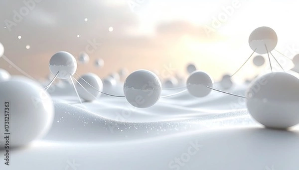 Fototapeta Spheres connect on white waves; light, dreamy, abstract