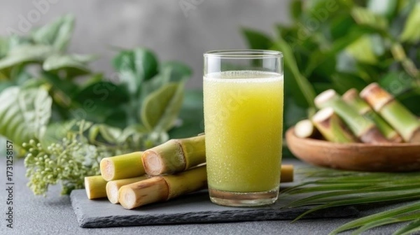 Fototapeta Freshly squeezed sugarcane juice served in a glass, surrounded by sugarcane stalks and lush green leaves, showcasing the natural essence and health benefits of this refreshing beverage.