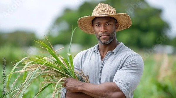Fototapeta A dedicated farmer proudly holding freshly harvested sugarcane, showcasing the importance of agriculture and sustainable farming practices in modern communities.