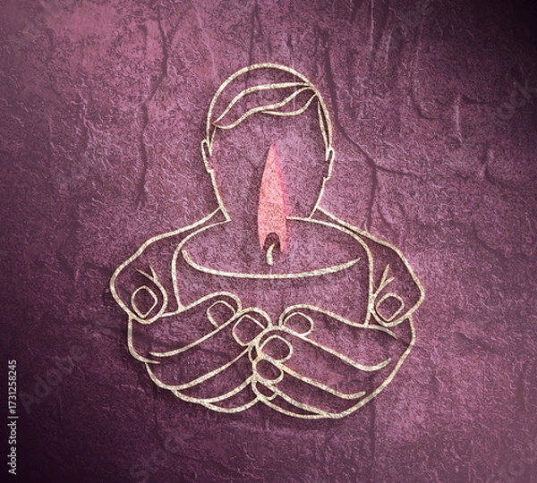 Fototapeta Man holding candle. Symbol of prayer and church concept in simple linear style. Doodle outline illustration. Memorial linear symbol.