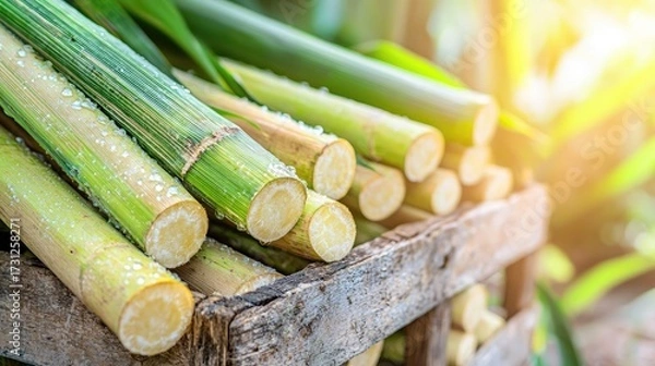 Fototapeta Freshly harvested sugarcane stalks stacked on a wooden crate, showcasing the vibrant green hues and textures of this important agricultural crop, illuminated by warm sunlight.
