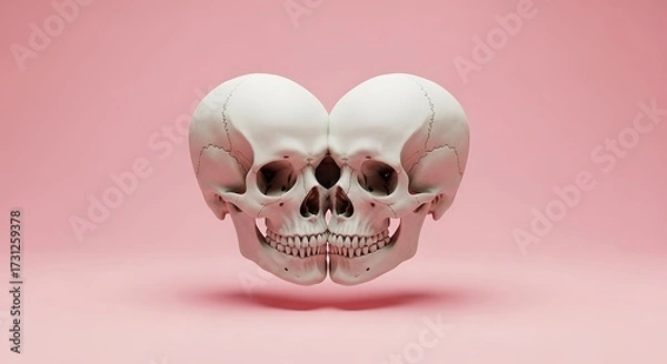 Fototapeta Two human skulls joined together forming a heart shape on a pink background