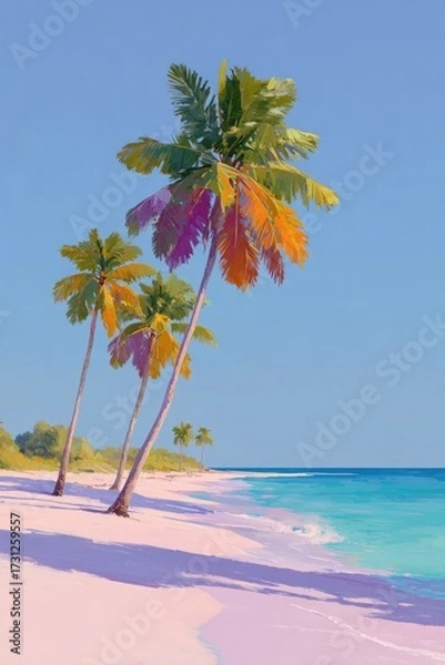 Fototapeta Serene beach scene with vibrant palm trees swaying under pastel