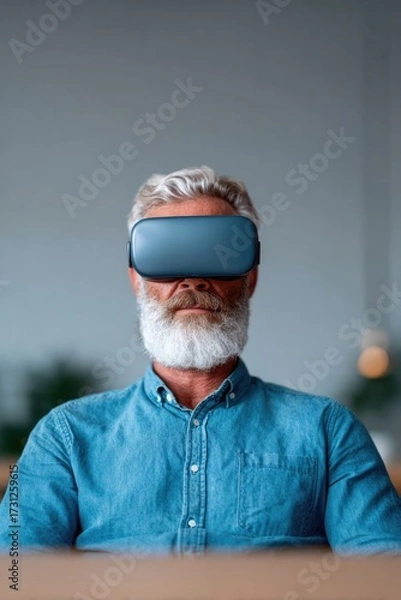 Fototapeta Elderly man immersed in virtual reality experience, showcasing t