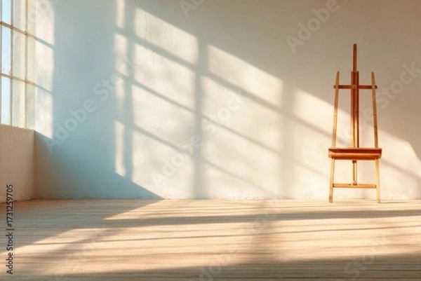Fototapeta Bright studio space featuring an easel casting long shadows on w