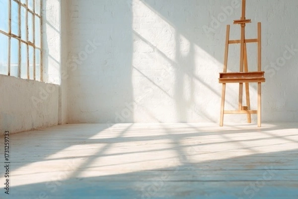 Fototapeta Bright studio with wooden easel, sunlight casting soft shadows o