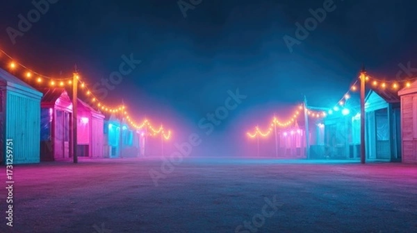 Fototapeta Mysterious alley adorned with vibrant lights and fog, creating a