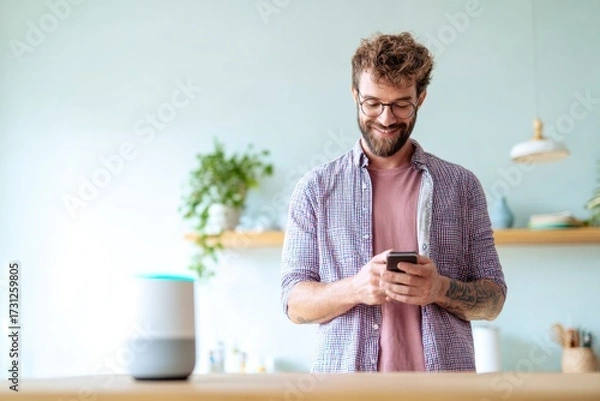 Fototapeta Smiling man interacts with smart speaker while using smartphone