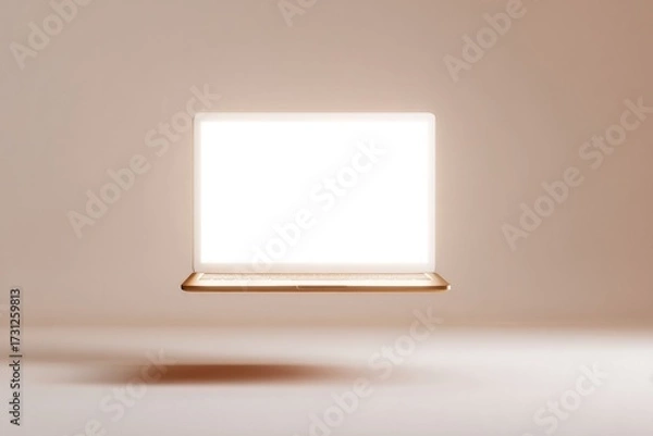 Fototapeta Floating laptop with glowing screen creates minimalistic tech am